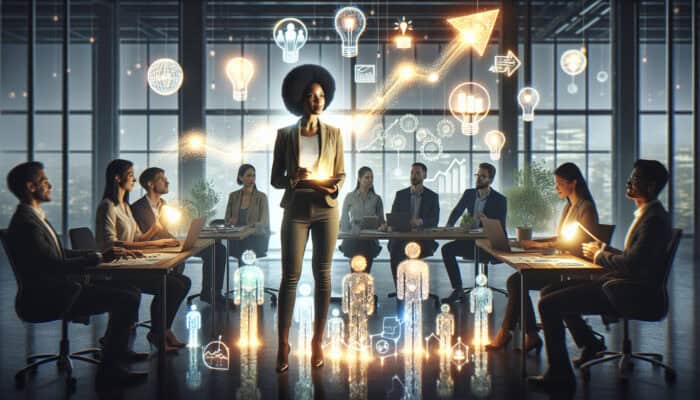 Confident leader delegates tasks to diverse team in dynamic office, with glowing light bulbs and rising growth charts symbolising innovation and growth.