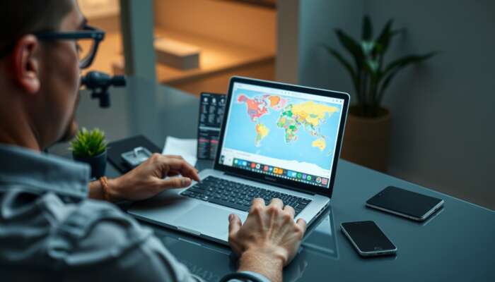 A traveller at a sleek desk organises vacation logistics on a laptop, displaying flight bookings, hotel reservations, and a vibrant itinerary map.