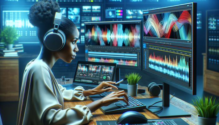 A skilled video editor in a modern Beaminster studio refining footage on high-resolution screens, applying colour grading and dynamic graphics.