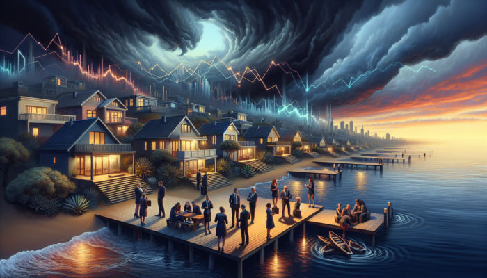 A coastal scene in Centurion: modest seaside homes under a stormy sky, with worried buyers consulting experts on charts at dusk.