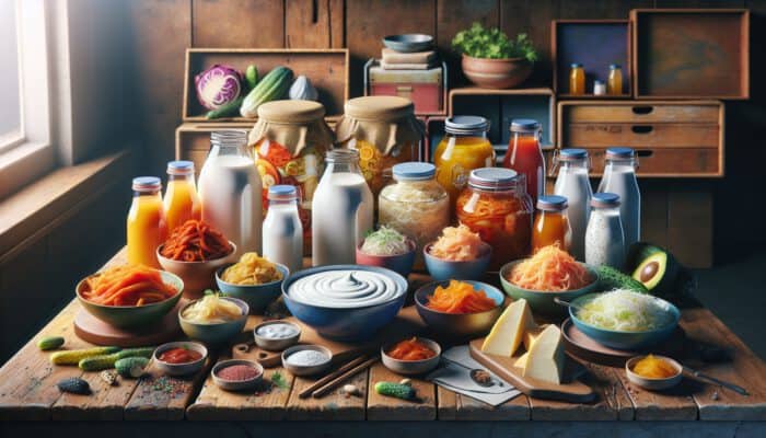 Top Gut-Healthy Fermented Food Recipes: A vibrant still-life of fermented foods on a rustic table: creamy yoghurt, spicy kimchi jars, tangy sauerkraut, refreshing kefir, and savoury miso soup.