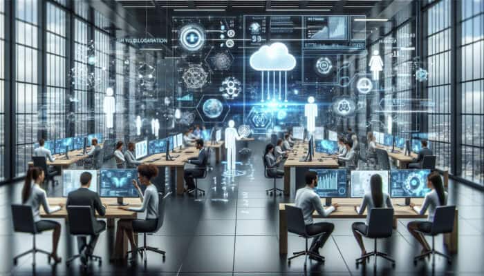A futuristic office scene with AI and cloud networks integrating data on holographic displays, as professionals collaborate to boost productivity and drive business growth.