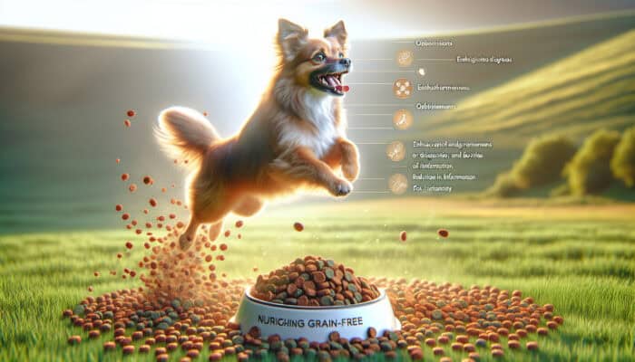 A vibrant dog with glossy fur leaping joyfully in a sunlit meadow beside grain-free kibble, symbolising enhanced vitality.