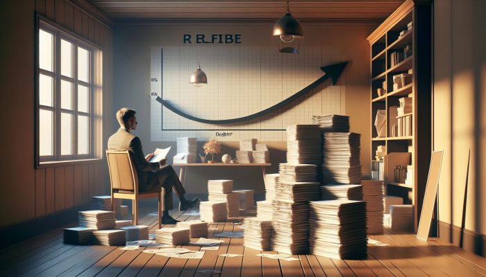 Relieved UK individual in a cozy home office, surrounded by organised documents and a downward-trending debt graph, symbolising financial stability.