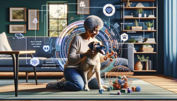 A happy dog interacts with engaging toys in a comfortable living room, receiving affection and positive reinforcement from its owner.