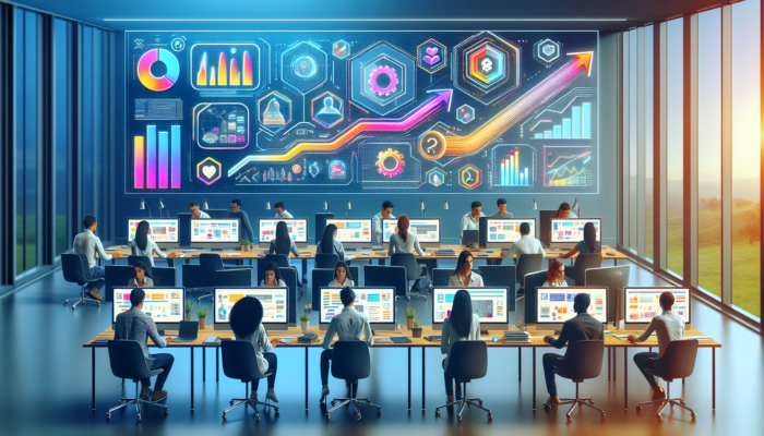 Ecommerce Development Company in Exmouth: A modern digital agency in Exmouth with designers creating intuitive ecommerce sites on sleek screens, surrounded by growth charts and innovative tech.