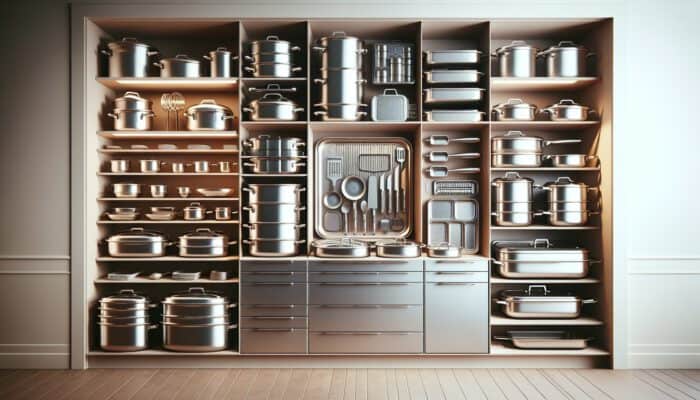 A modern kitchen cabinet displays various stainless steel roasting pans, including large stackable and nested oval designs, for efficient storage in soft light.