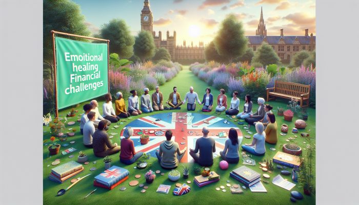 A serene British garden with a diverse group in a supportive circle, surrounded by therapy books, financial charts, and mental health icons, symbolising emotional recovery and resilience.