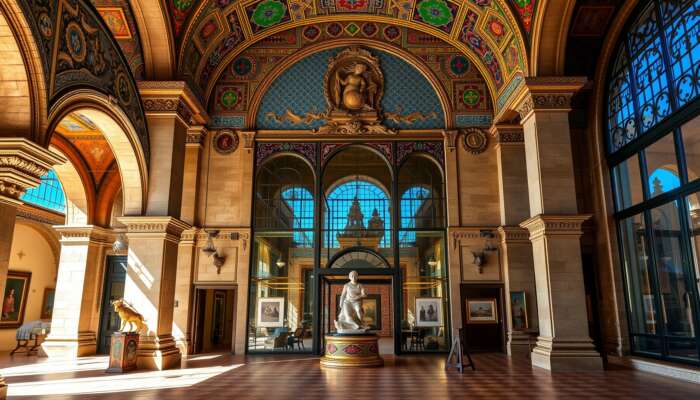 San Miguel de Allende museum with a grand colonial facade, ornate arches, colourful tiles, and historical stone blended with modern glass.