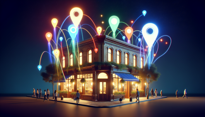 A small business storefront on a vibrant urban street, illuminated by search engine beams and map pins, drawing crowds.