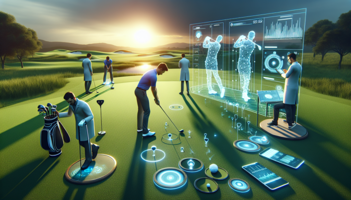 Futuristic golf course at dawn: professionals testing AI clubs, wearable devices, and holographic simulators with experts analysing data.