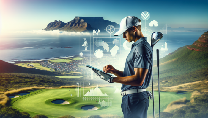 A professional golfer analyses performance data on a tablet on a lush South African course with ocean and savannah views.