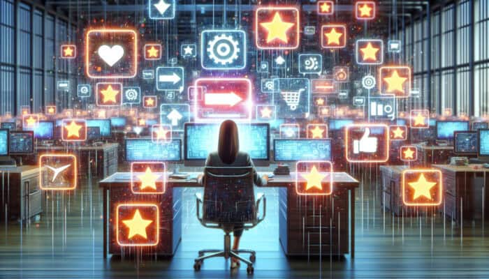 Marketer at a high-tech desk in a digital office, using Trustpilot and Yotpo screens to automate review requests, with flowing feedback icons boosting SEO.