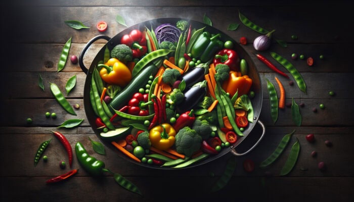 Vibrant stir-fry vegetables: colourful bell peppers, crisp broccoli, tender snow peas, sliced carrots, glossy zucchini, and purple eggplant in a steaming wok.