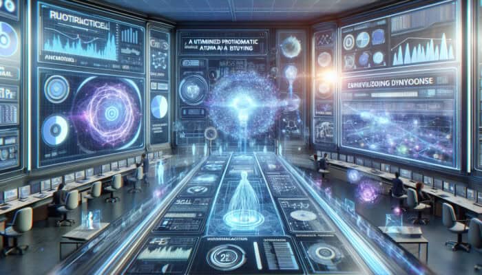 Futuristic AI interface with glowing neural network analyzing data streams on holographic screens in a high-tech control room.