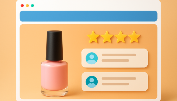 Vibrant e-commerce page for Nailsea business: central product image with prominent star ratings and glowing customer reviews.