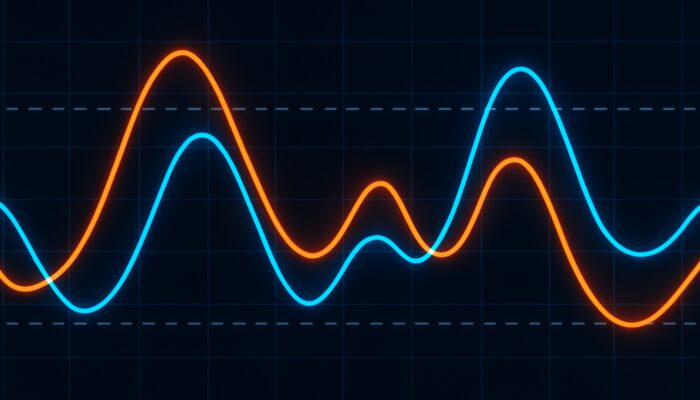 Stochastic oscillator chart with vibrant %K and %D lines crossing overbought and oversold thresholds.