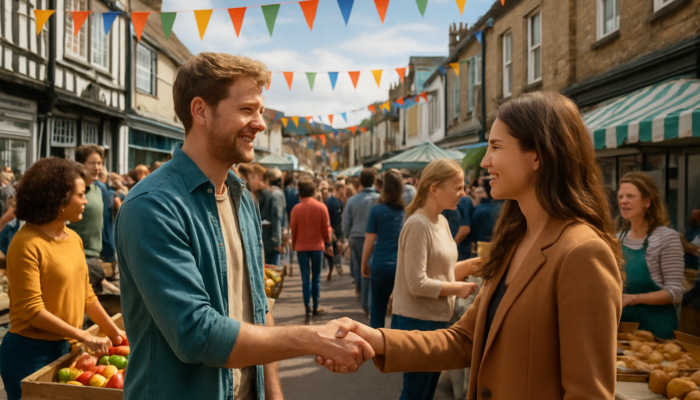 Vibrant Totnes street market: owners shaking hands with influencers under colorful banners, amid crowds and British architecture.