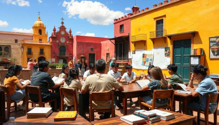 Students learning Spanish in San Miguel de Allende in a bright classroom setting