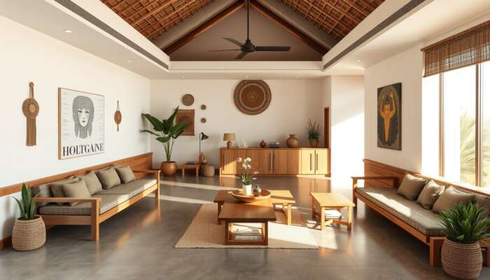 Modern boutique hotel lobby featuring minimalist design, sustainable wooden furniture, indigenous crafts, and local artwork in natural light.