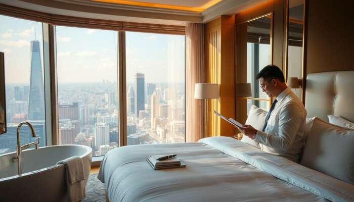 A hotel inspector assesses pristine linens and gleaming fixtures in a luxurious five-star suite, holding a checklist with a city view bathed in golden light.