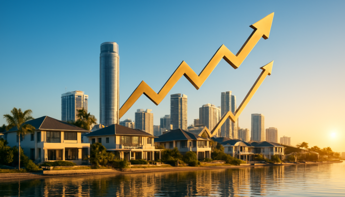 Richards Bay coastal cityscape at dawn: modern skyscrapers and upward economic graphs symbolising property stability.