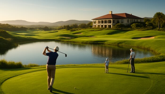 Immaculate Oubaai Golf Club course featuring pristine greens, sparkling water hazards, players teeing off, and an impressive clubhouse.