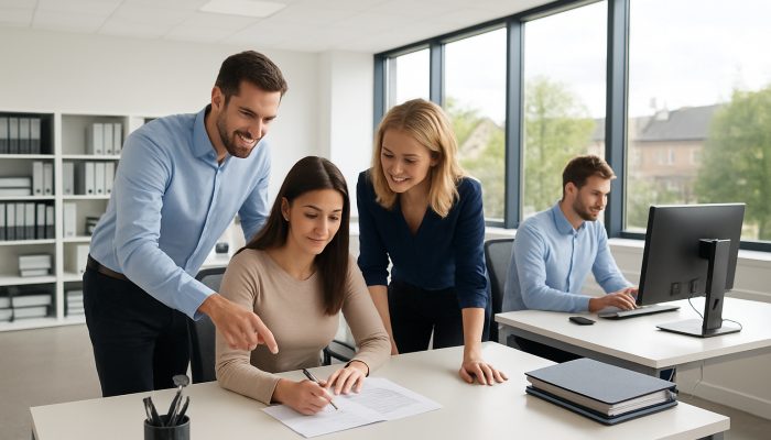 Modern office in Yeovil presenting spotless desks, organised files, and focused employees benefiting from natural light.