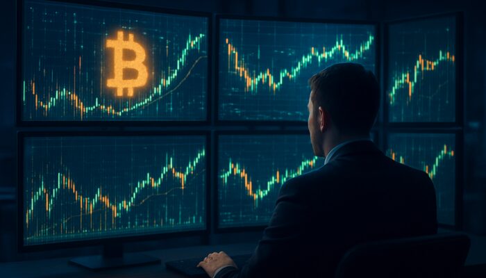 Trader scrutinising cryptocurrency charts on multiple screens during a backtesting simulation.