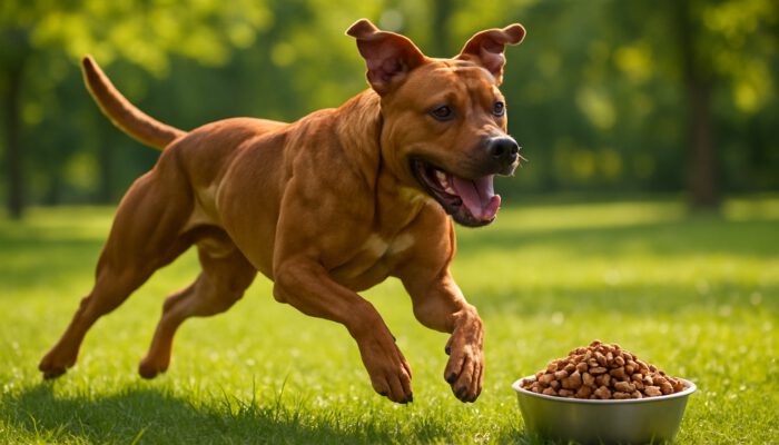 Muscular dog running in a sunny park with a high-protein kibble bowl nearby.