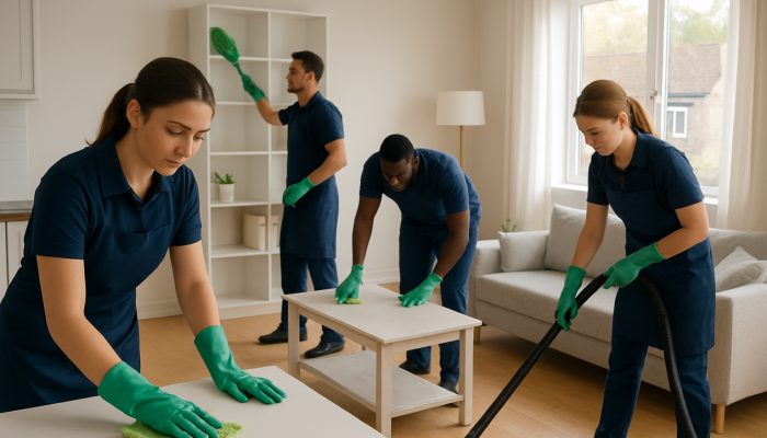Professional cleaners in uniforms tidying a sunlit UK apartment using eco-friendly tools.