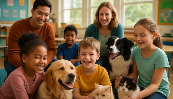 Children and teachers petting therapy dogs and cats in a lively classroom for emotional support.