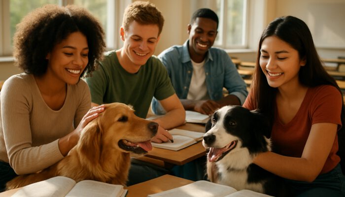 Diverse students smiling while interacting with therapy dogs and studying in a bright classroom.