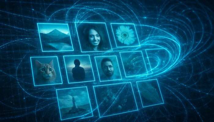 Glowing grid of diverse images analysed by swirling algorithms for enhanced visual search.
