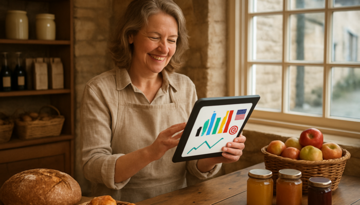 Joyful Painswick shop owner examines tablet displaying Facebook and Instagram analytics alongside rising e-commerce graphs.
