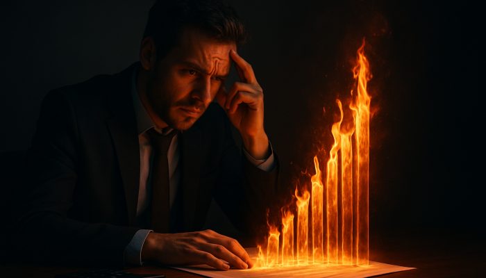 UK borrower at desk as glowing health papers inflate insurance premiums dramatically.