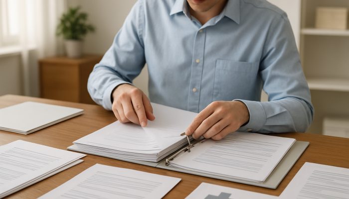 Individual arranging medical records chronologically into a summary binder on a wooden desk