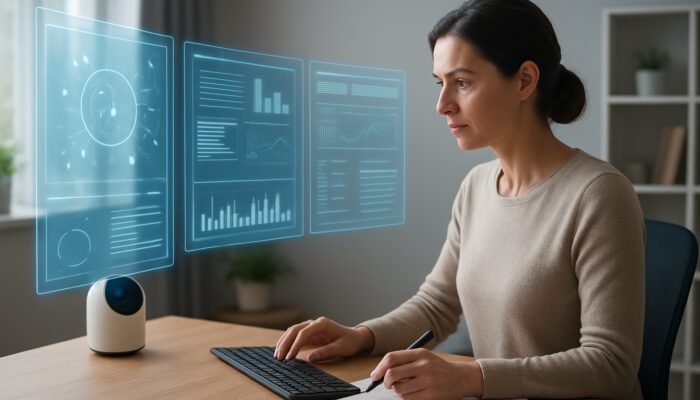 Remote assistant using holographic screens to provide research and editing support for a focused writer in a modern home office.