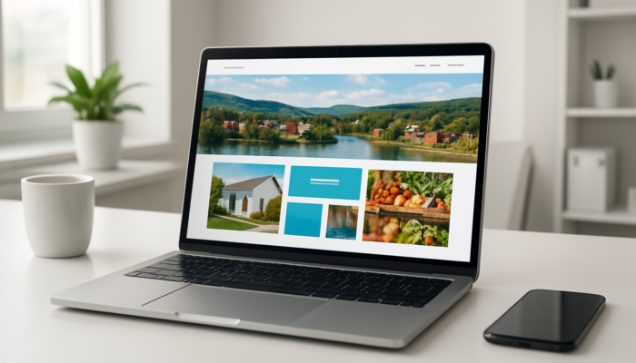 Laptop showcasing a sophisticated Kingswood website redesign for small businesses featuring clean layouts and mobile previews.
