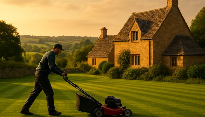 Gardener mowing pristine lawns beside quaint stone cottages in the Haselbury Plucknett countryside