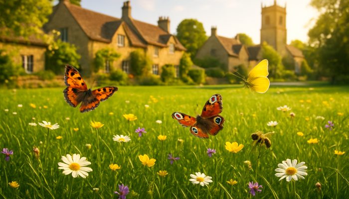 Freshly mowed lawn in Haselbury Plucknett featuring wildflowers, butterflies, and bees basking in golden sunlight.