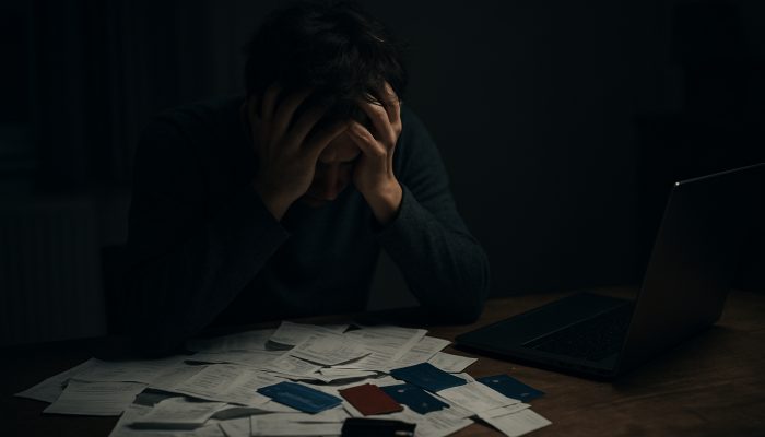 How Missed Payments Impact Loan Opportunities: UK Consequences | DCL Stressed individual overwhelmed by unpaid bills and credit cards in a poorly lit UK flat