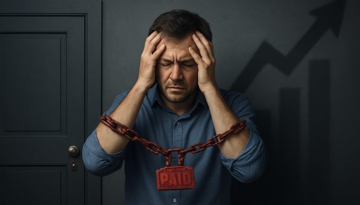 How Missed Payments Impact Loan Opportunities: UK Consequences | DCL Stressed borrower hindered by missed payments before locked mortgage and loan doors with rising insurance costs