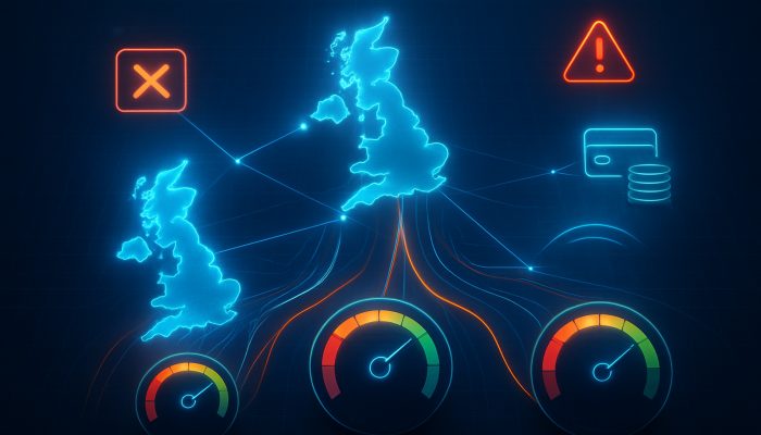 How Missed Payments Impact Loan Opportunities: UK Consequences | DCL Futuristic digital web connecting UK credit agencies Experian, Equifax, TransUnion with score meters and payment alerts