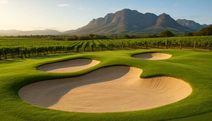Lush Cape Winelands golf bunkers featuring fine sand, bordered by vineyards and rolling mountains.