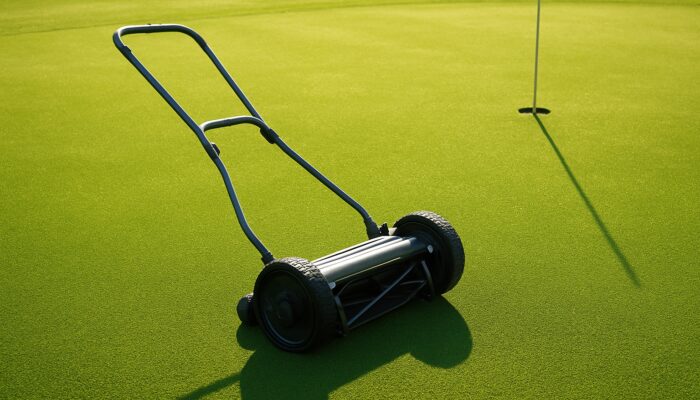 Lightweight mower gliding across a sun-drenched golf putting green in bright sunlight.