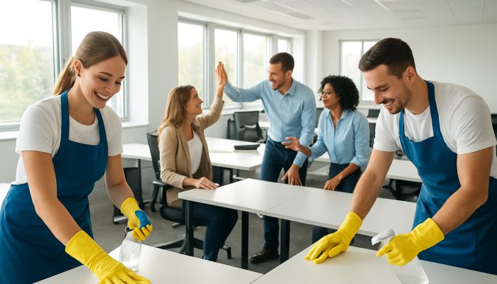 Professional cleaners sanitising a bright modern office while happy employees collaborate energetically