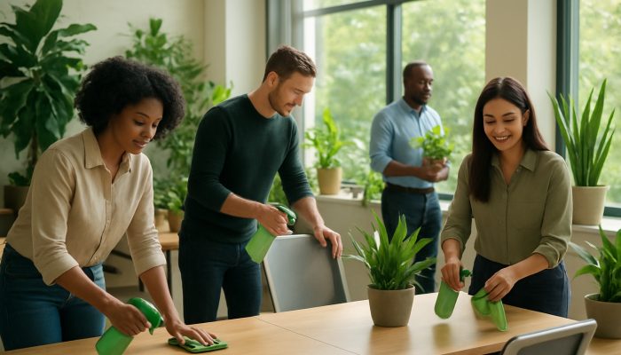Diverse employees using eco-friendly cleaners in a sunlit Crewkerne office with plants for sustainability.