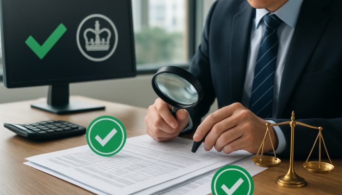 Payroll expert reviewing tax documents with magnifying glass, HMRC seals, and compliance checkmarks in office