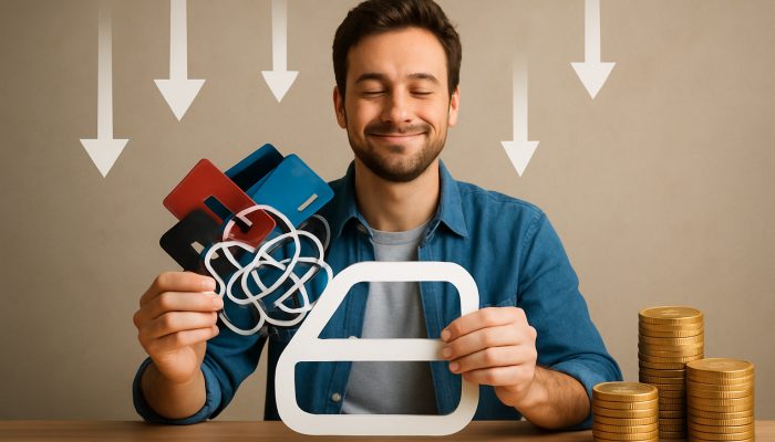 Merging Debts From Multiple Banks: Essential Options | DCL UK borrower consolidates tangled credit cards into a low-rate loan with descending interest arrows and saved pounds